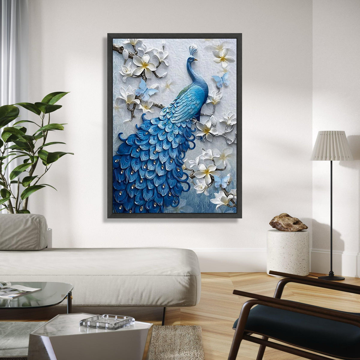 Elegant Blue Peacock Canvas, Floral Wall Art with White Blossoms and Butterflies, Nature Canvas Decor, Bird Gift Art, Home Decor, Print