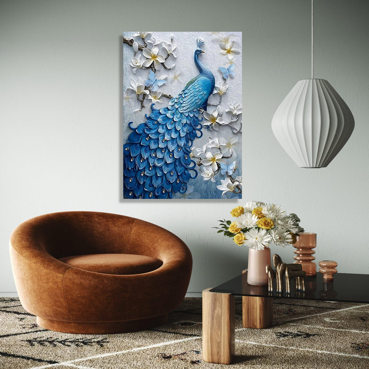 Elegant Blue Peacock Canvas, Floral Wall Art with White Blossoms and Butterflies, Nature Canvas Decor, Bird Gift Art, Home Decor, Print
