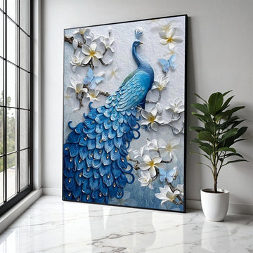 Elegant Blue Peacock Canvas, Floral Wall Art with White Blossoms and Butterflies, Nature Canvas Decor, Bird Gift Art, Home Decor, Print
