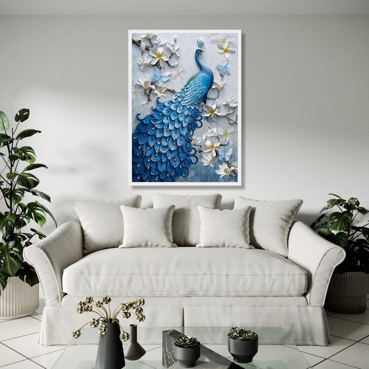 Elegant Blue Peacock Canvas, Floral Wall Art with White Blossoms and Butterflies, Nature Canvas Decor, Bird Gift Art, Home Decor, Print