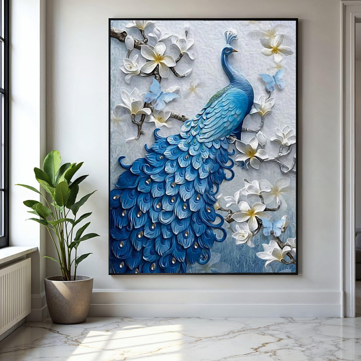 Elegant Blue Peacock Canvas, Floral Wall Art with White Blossoms and Butterflies, Nature Canvas Decor, Bird Gift Art, Home Decor, Print