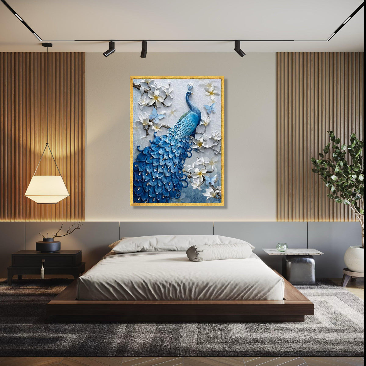 Elegant Blue Peacock Canvas, Floral Wall Art with White Blossoms and Butterflies, Nature Canvas Decor, Bird Gift Art, Home Decor, Print