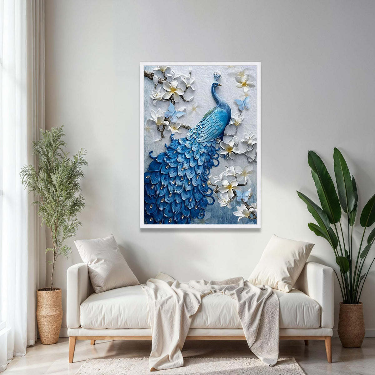 Elegant Blue Peacock Canvas, Floral Wall Art with White Blossoms and Butterflies, Nature Canvas Decor, Bird Gift Art, Home Decor, Print