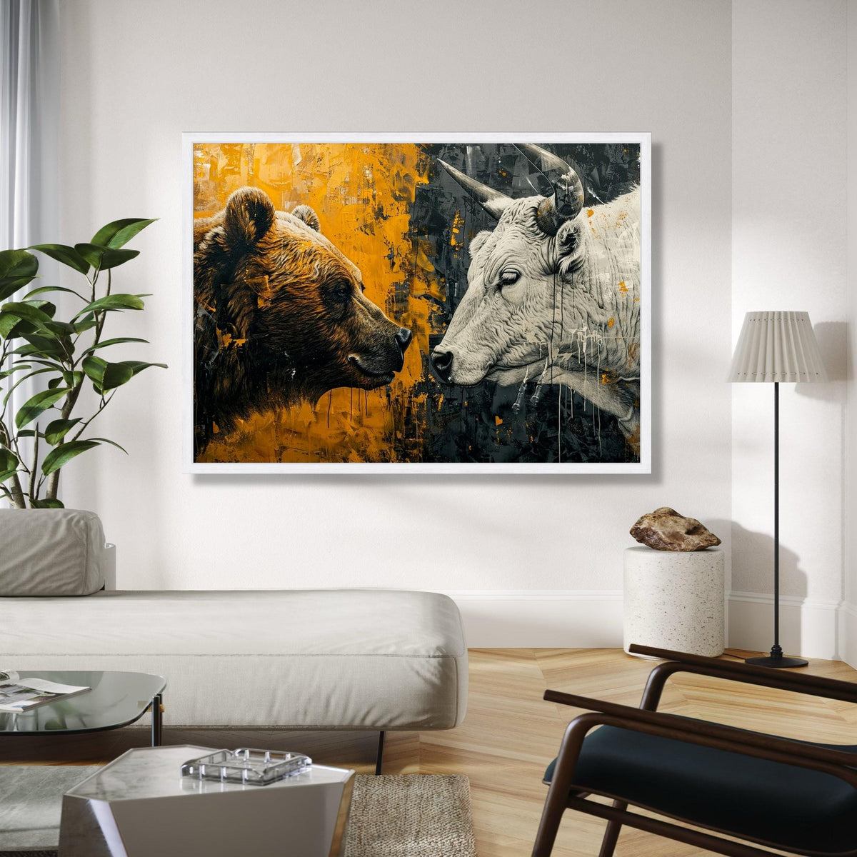 Bear and Bull Face Off Canvas, Abstract Wildlife Wall Art, Modern Animal Painting, Rustic Home Decor, Ready to Gift Art, Home Decor, Print