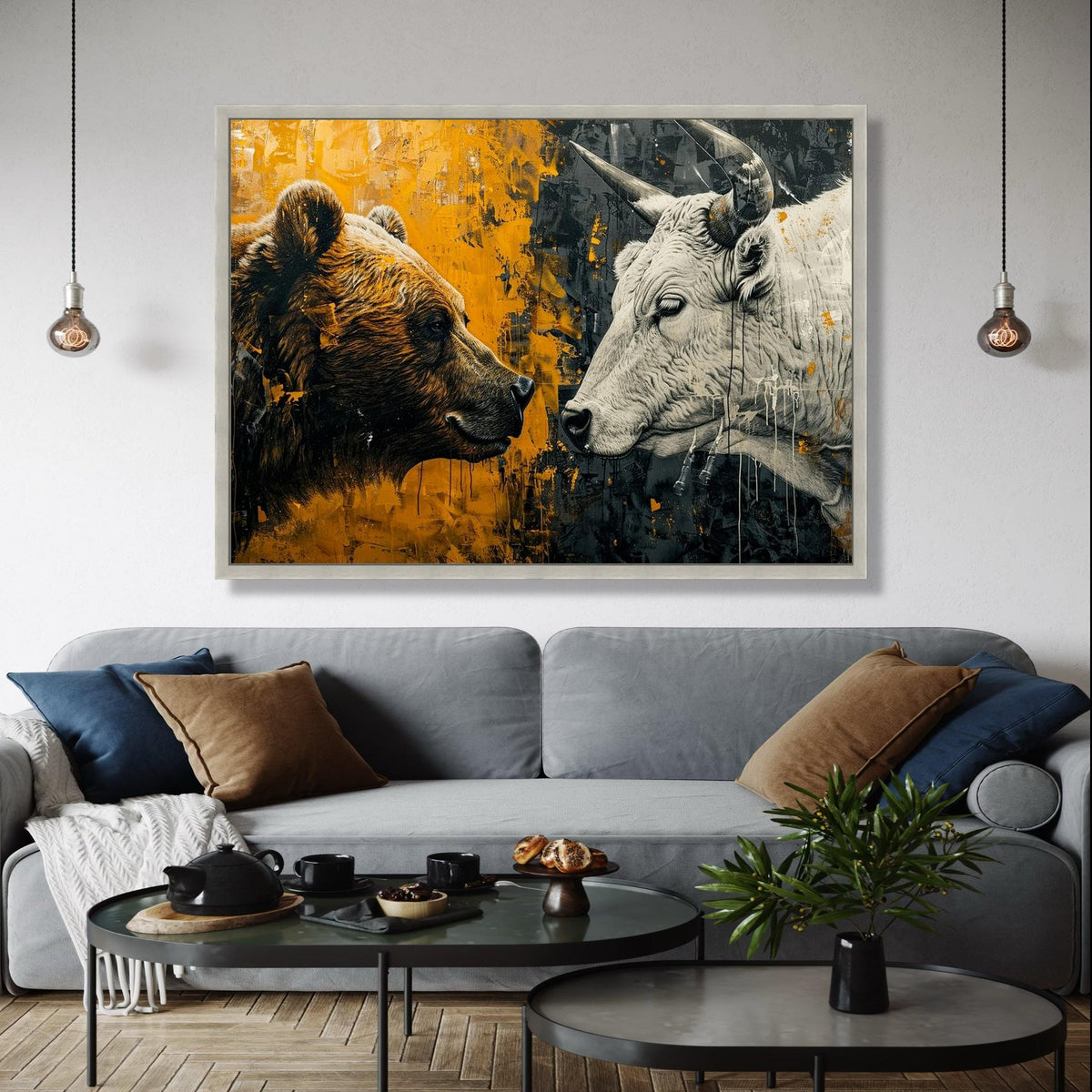 Bear and Bull Face Off Canvas, Abstract Wildlife Wall Art, Modern Animal Painting, Rustic Home Decor, Ready to Gift Art, Home Decor, Print