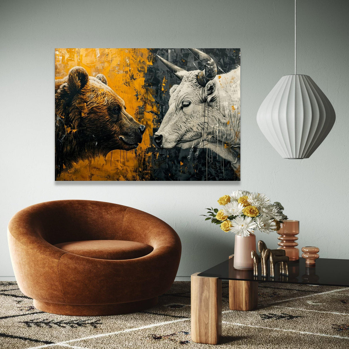 Bear and Bull Face Off Canvas, Abstract Wildlife Wall Art, Modern Animal Painting, Rustic Home Decor, Ready to Gift Art, Home Decor, Print