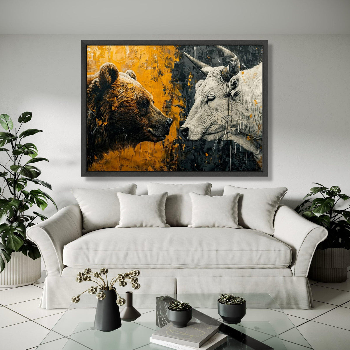 Bear and Bull Face Off Canvas, Abstract Wildlife Wall Art, Modern Animal Painting, Rustic Home Decor, Ready to Gift Art, Home Decor, Print