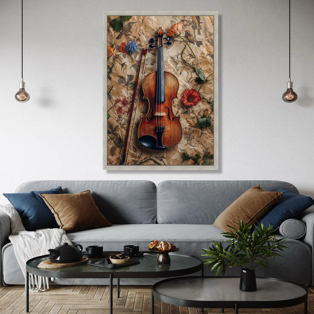 Vintage Violin and Bow Canvas, Floral and Bird Pattern Background, Rustic Music Wall Art, Classic Instrument Gift Art, Home Decor, Print