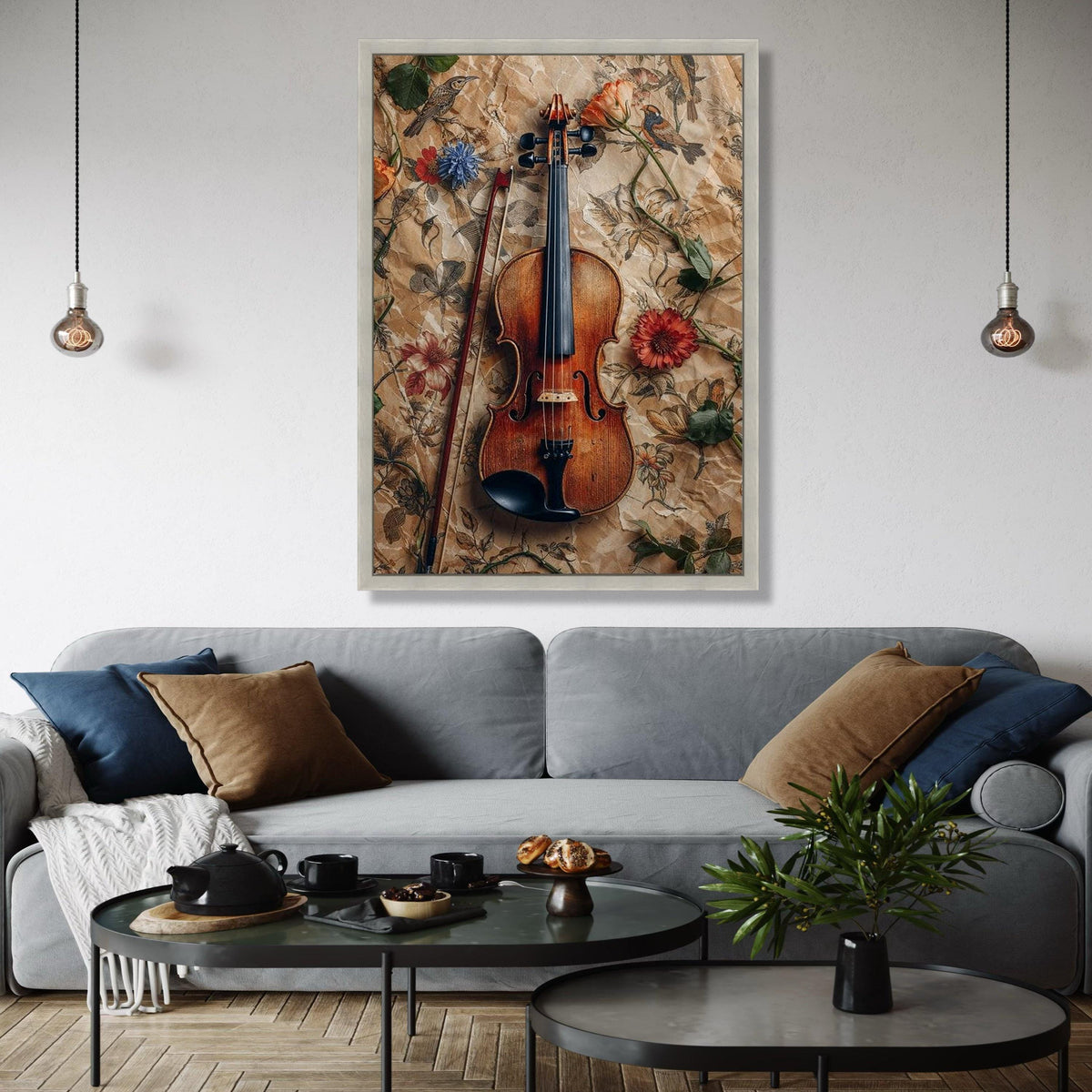 Vintage Violin and Bow Canvas, Floral and Bird Pattern Background, Rustic Music Wall Art, Classic Instrument Gift Art, Home Decor, Print