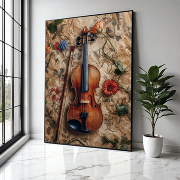Vintage Violin and Bow Canvas, Floral and Bird Pattern Background, Rustic Music Wall Art, Classic Instrument Gift Art, Home Decor, Print