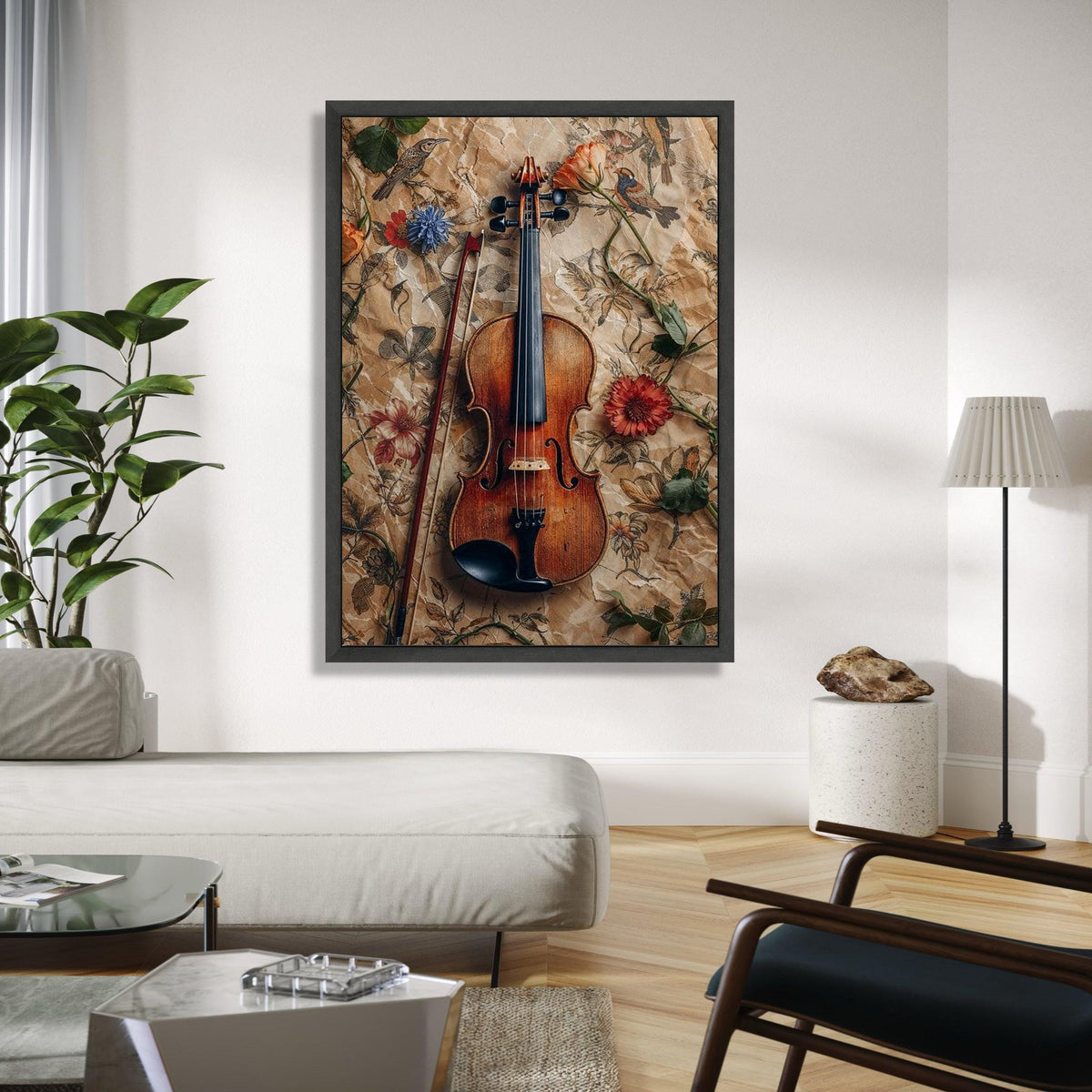 Vintage Violin and Bow Canvas, Floral and Bird Pattern Background, Rustic Music Wall Art, Classic Instrument Gift Art, Home Decor, Print