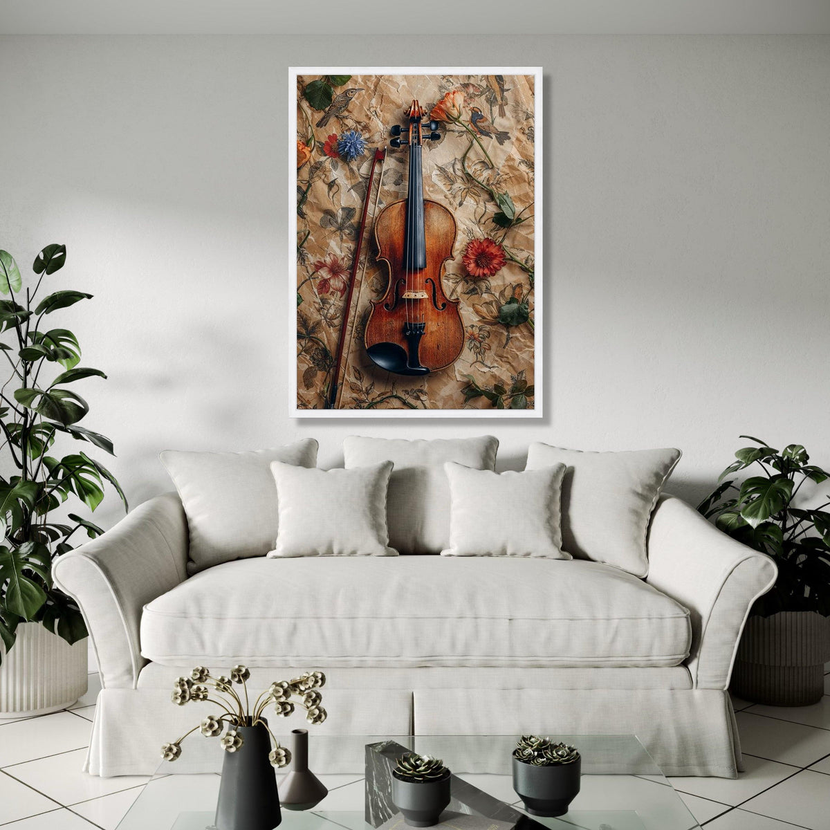 Vintage Violin and Bow Canvas, Floral and Bird Pattern Background, Rustic Music Wall Art, Classic Instrument Gift Art, Home Decor, Print