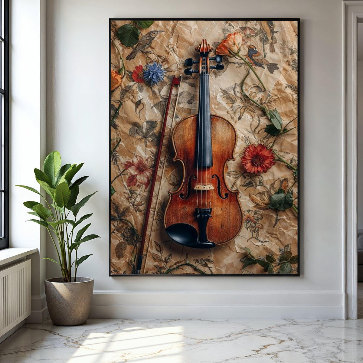 Vintage Violin and Bow Canvas, Floral and Bird Pattern Background, Rustic Music Wall Art, Classic Instrument Gift Art, Home Decor, Print