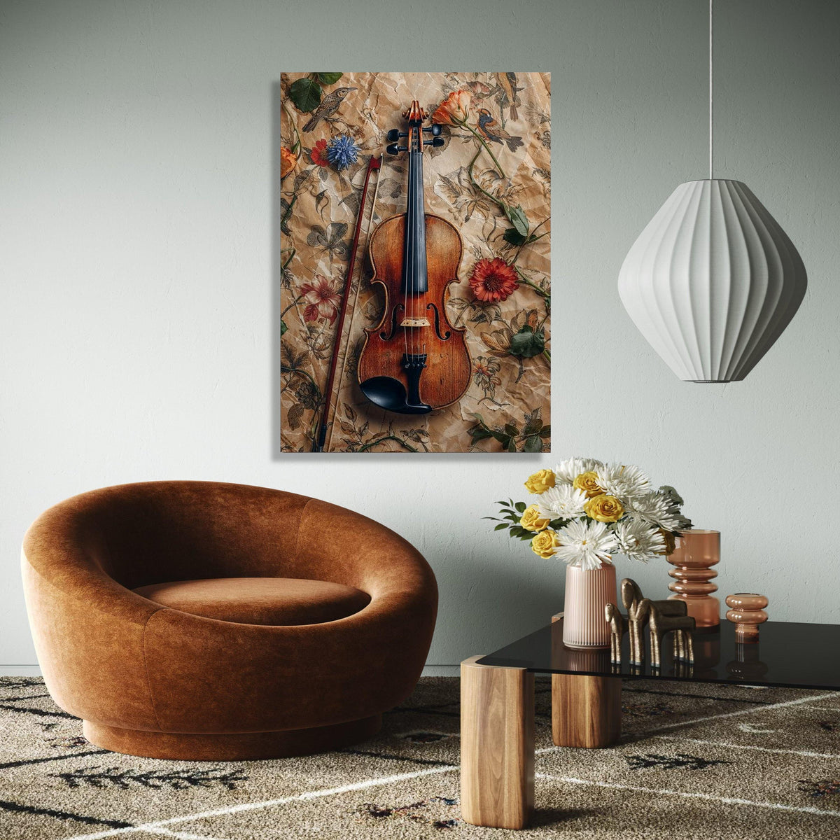 Vintage Violin and Bow Canvas, Floral and Bird Pattern Background, Rustic Music Wall Art, Classic Instrument Gift Art, Home Decor, Print