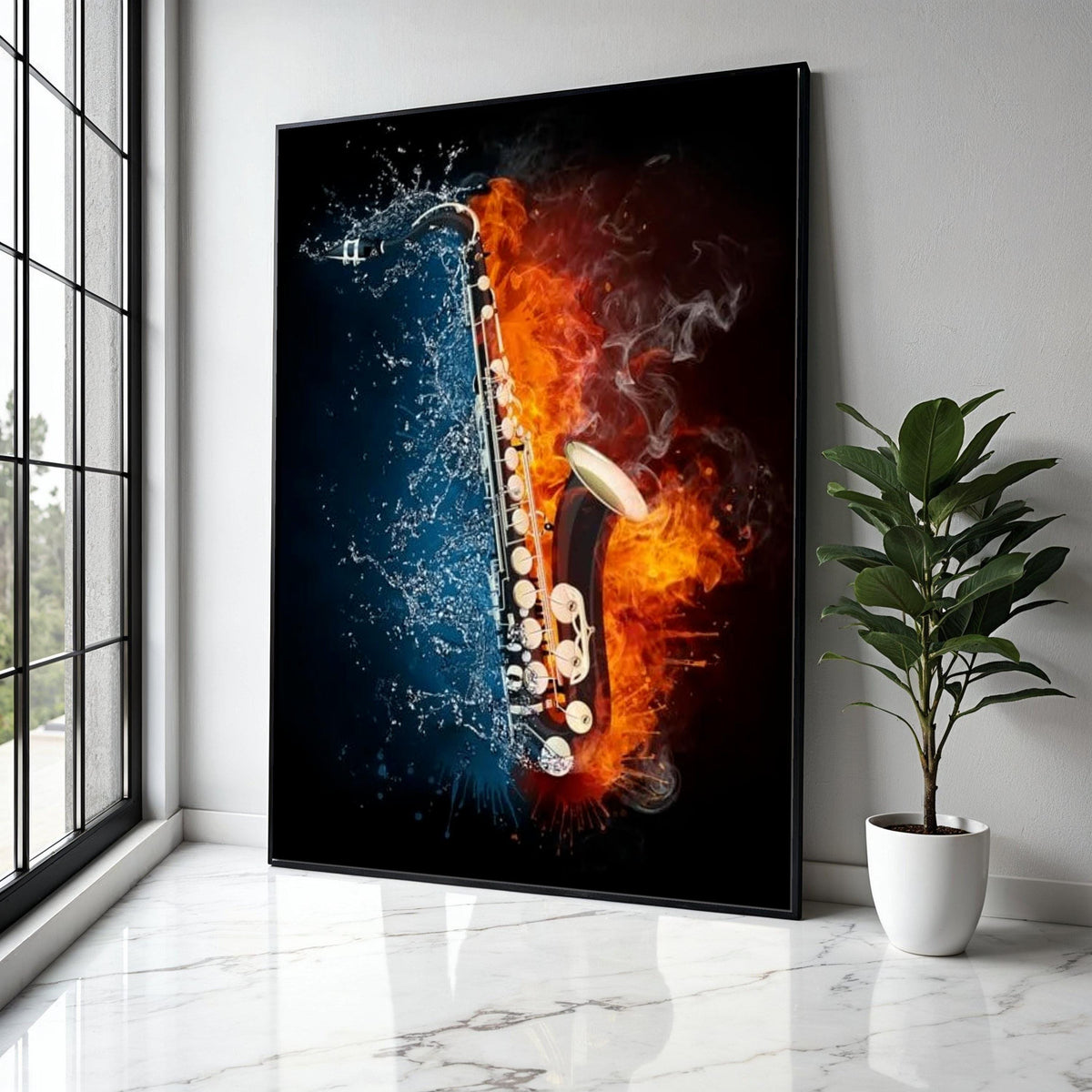 Fiery and Splashing Saxophone Canvas, Music Instrument Wall Art, Fire and Water Contrast Art, Modern Music Gift Art, Home Decor, Print