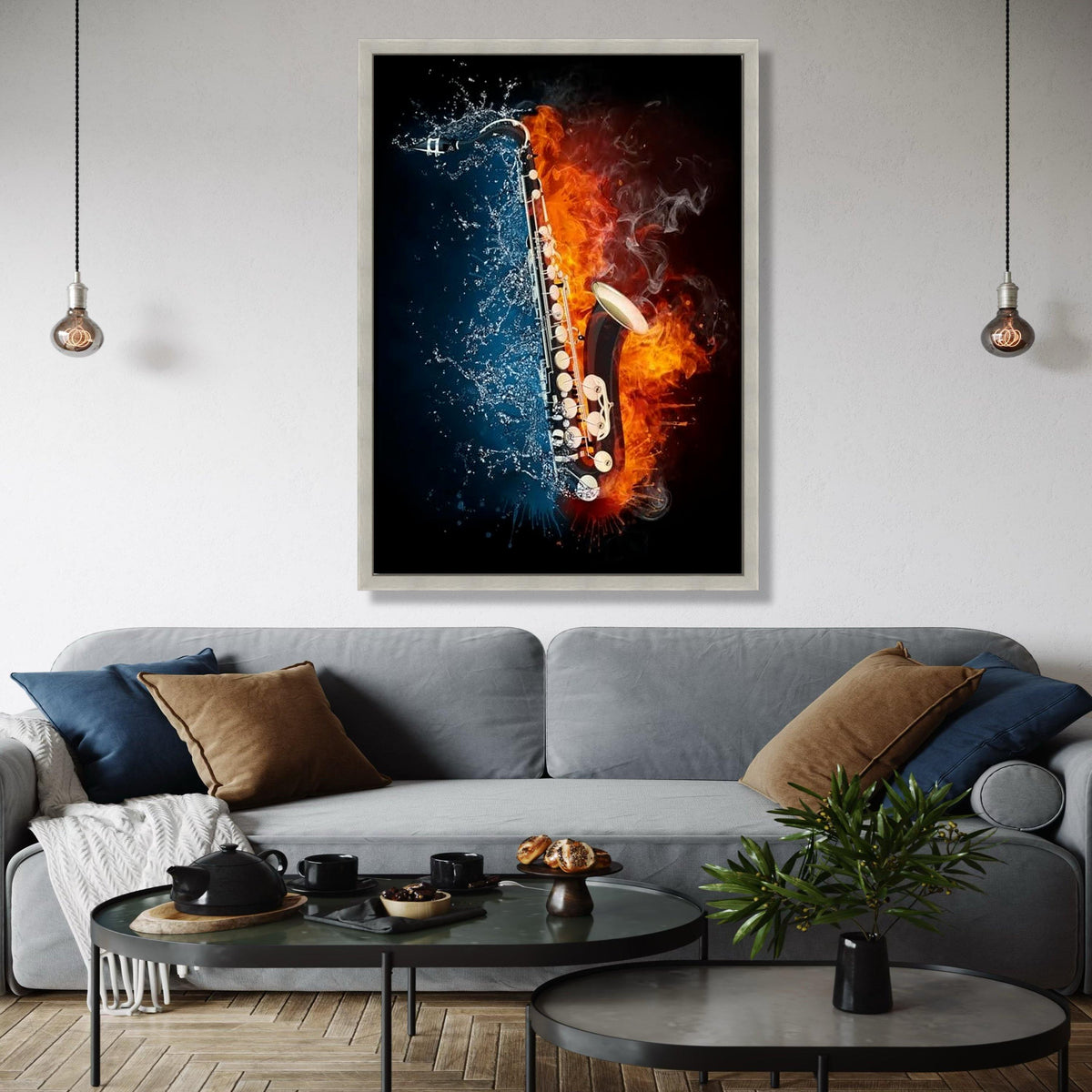 Fiery and Splashing Saxophone Canvas, Music Instrument Wall Art, Fire and Water Contrast Art, Modern Music Gift Art, Home Decor, Print