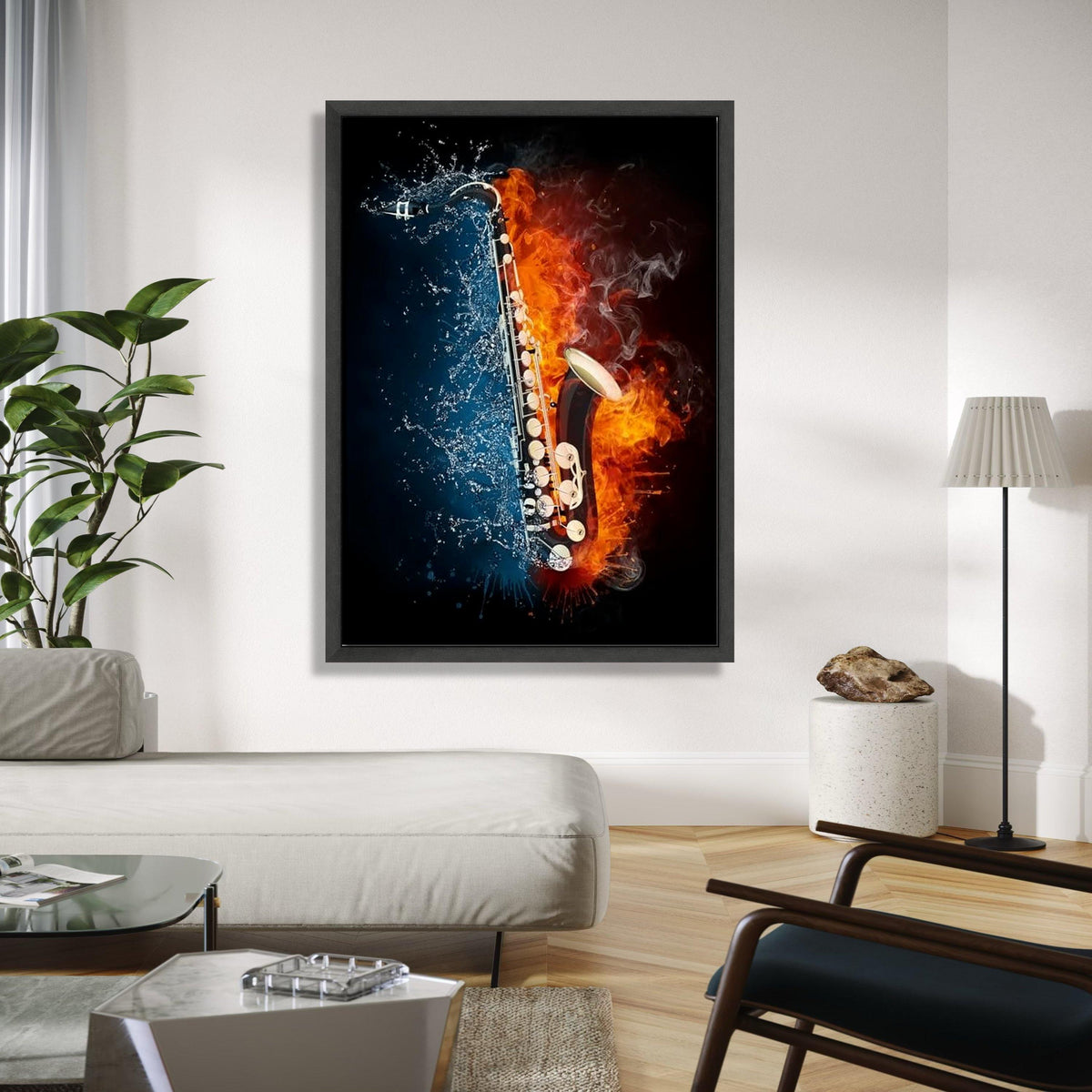 Fiery and Splashing Saxophone Canvas, Music Instrument Wall Art, Fire and Water Contrast Art, Modern Music Gift Art, Home Decor, Print