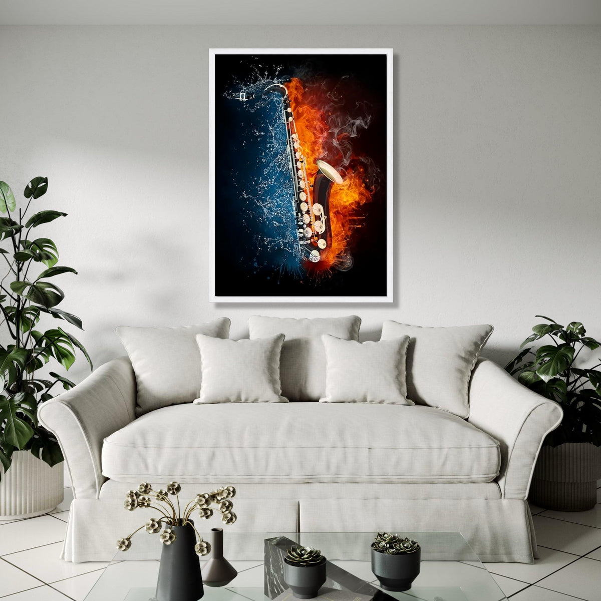 Fiery and Splashing Saxophone Canvas, Music Instrument Wall Art, Fire and Water Contrast Art, Modern Music Gift Art, Home Decor, Print