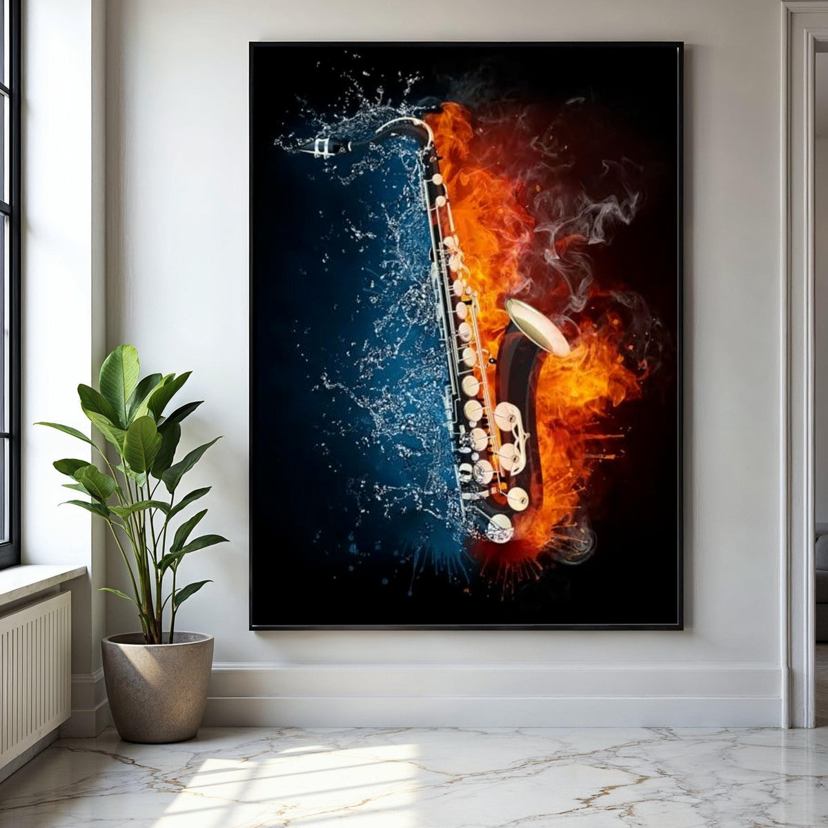 Fiery and Splashing Saxophone Canvas, Music Instrument Wall Art, Fire and Water Contrast Art, Modern Music Gift Art, Home Decor, Print