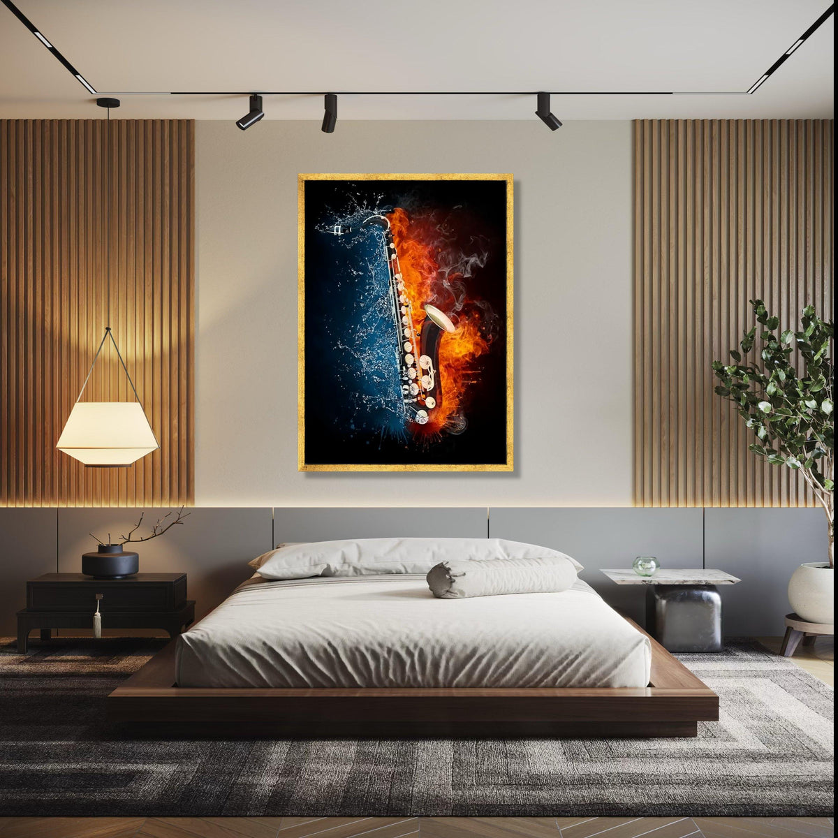 Fiery and Splashing Saxophone Canvas, Music Instrument Wall Art, Fire and Water Contrast Art, Modern Music Gift Art, Home Decor, Print