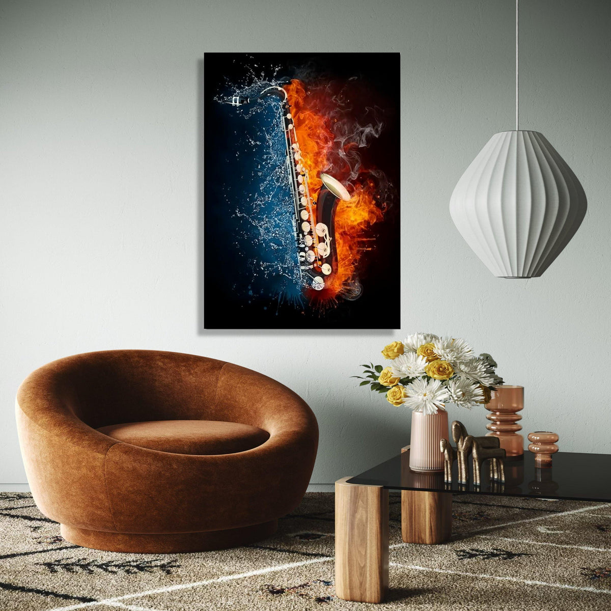 Fiery and Splashing Saxophone Canvas, Music Instrument Wall Art, Fire and Water Contrast Art, Modern Music Gift Art, Home Decor, Print