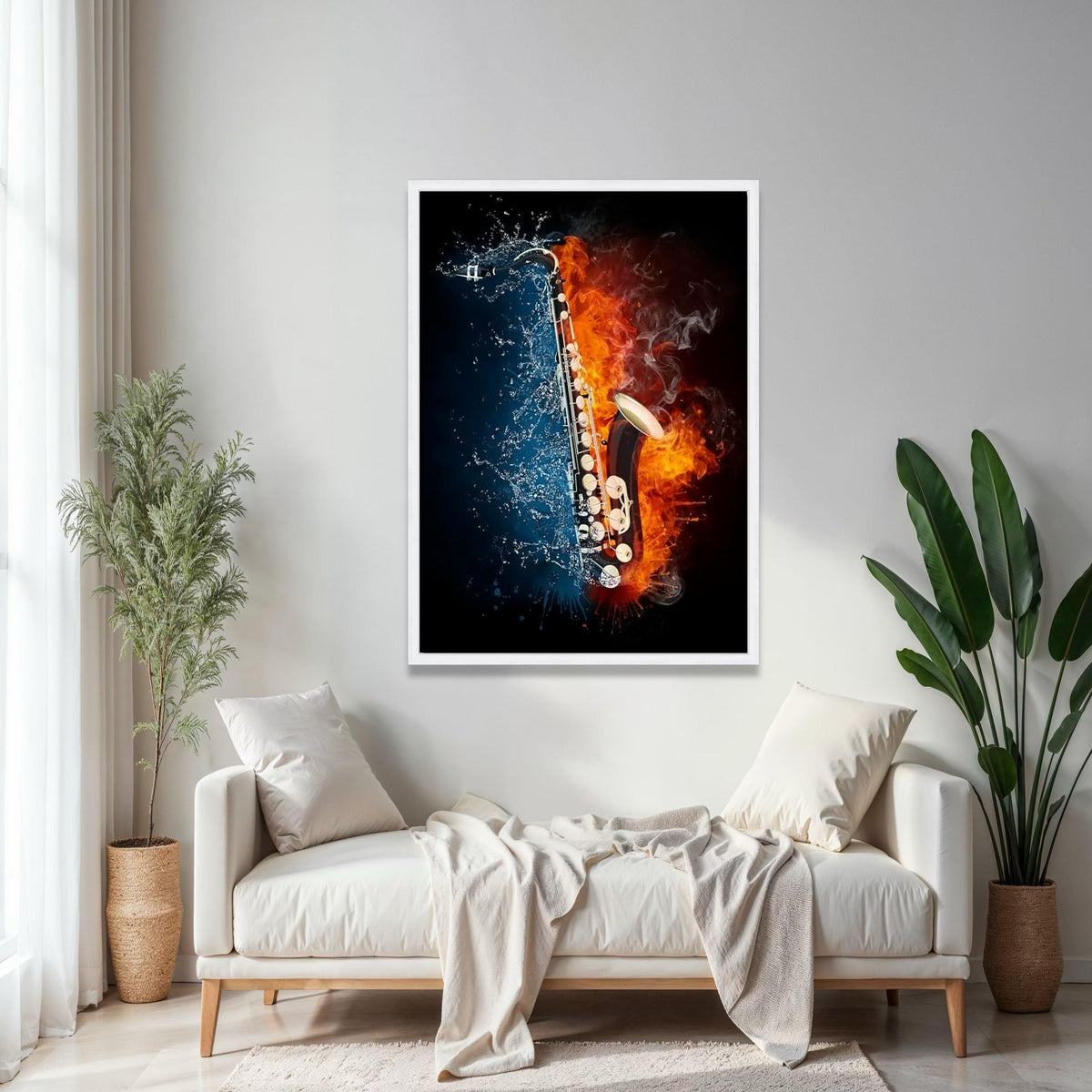 Fiery and Splashing Saxophone Canvas, Music Instrument Wall Art, Fire and Water Contrast Art, Modern Music Gift Art, Home Decor, Print