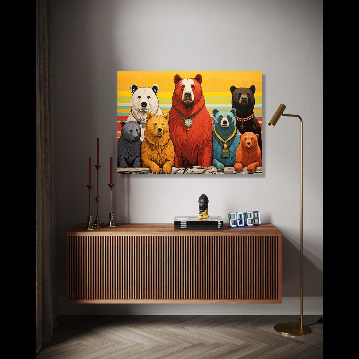 Colorful Bear Family Canvas, Modern Animal Wall Art, Rustic Woodland Decor, Vibrant Bear Portrait, Unique Gift Art, Home Decor, Print