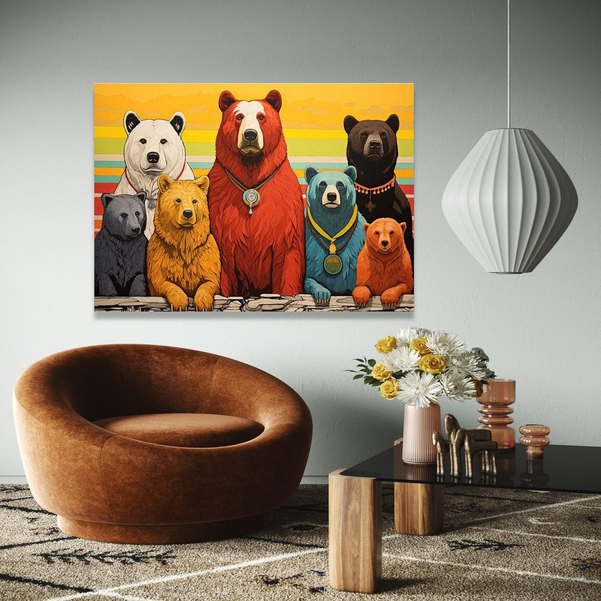 Colorful Bear Family Canvas, Modern Animal Wall Art, Rustic Woodland Decor, Vibrant Bear Portrait, Unique Gift Art, Home Decor, Print