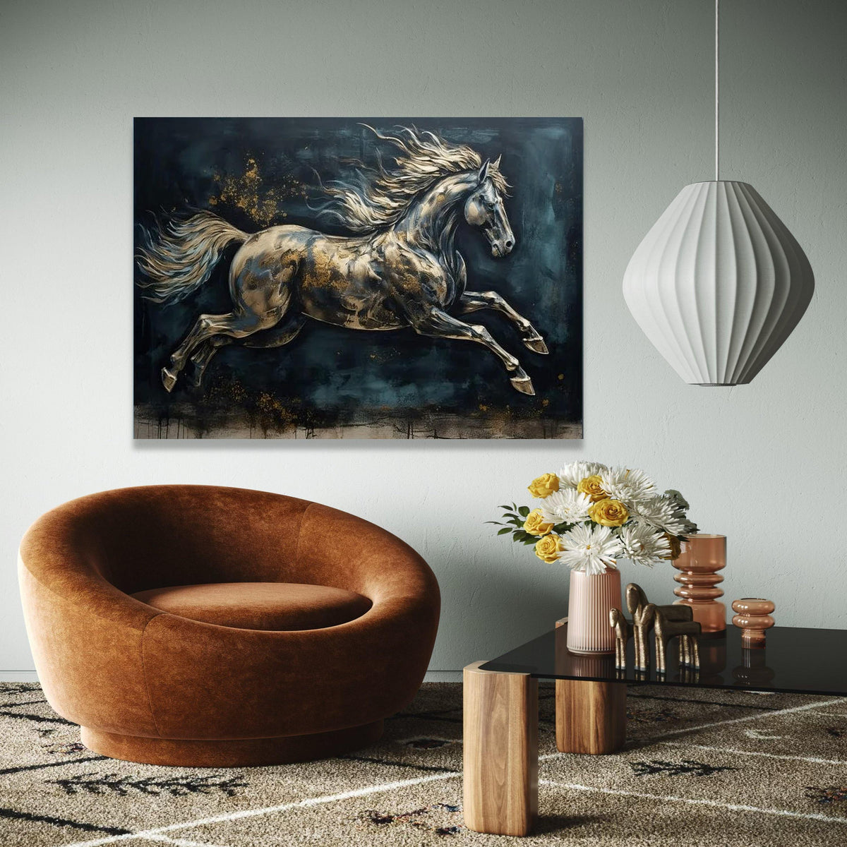 Majestic Running Horse Canvas Art, Metallic Effect Equestrian Wall Decor, Dynamic Animal Painting, Modern Home Gift Art, Home Decor, Print