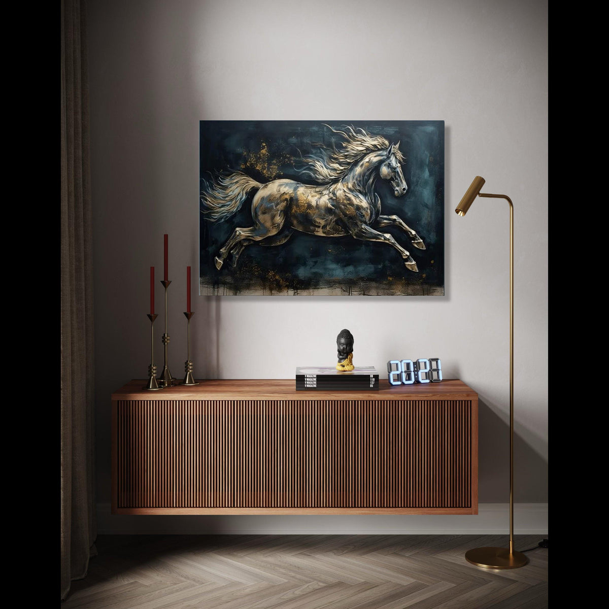 Majestic Running Horse Canvas Art, Metallic Effect Equestrian Wall Decor, Dynamic Animal Painting, Modern Home Gift Art, Home Decor, Print