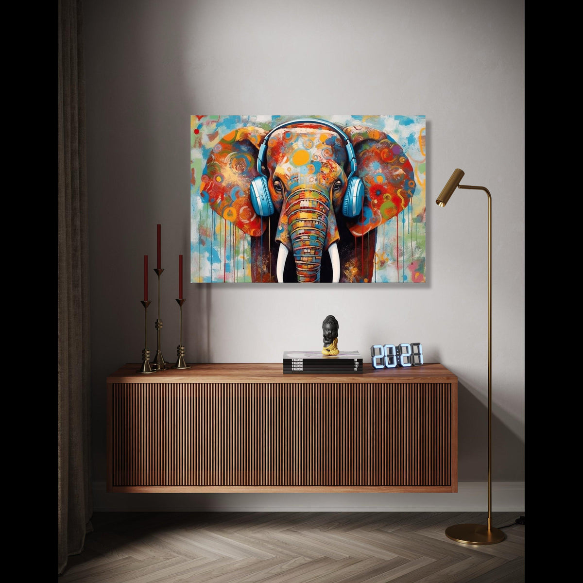 Colorful Elephant with Headphones Canvas, Modern Abstract Animal Art, Vibrant Wildlife Wall Decor, Contemporary Gift Art, Home Decor, Print