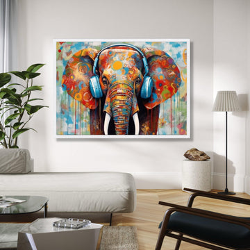 Colorful Elephant with Headphones Canvas, Modern Abstract Animal Art, Vibrant Wildlife Wall Decor, Contemporary Gift Art, Home Decor, Print