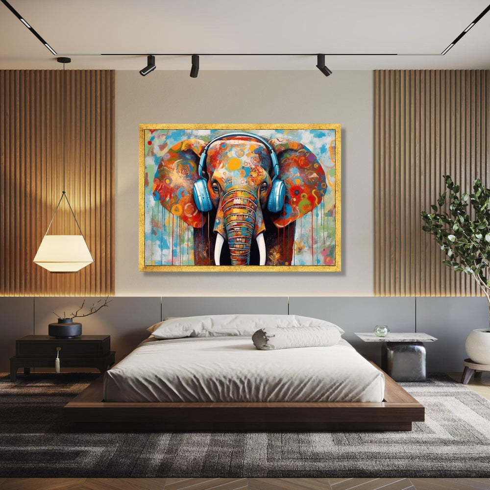 Colorful Elephant with Headphones Canvas, Modern Abstract Animal Art, Vibrant Wildlife Wall Decor, Contemporary Gift Art, Home Decor, Print