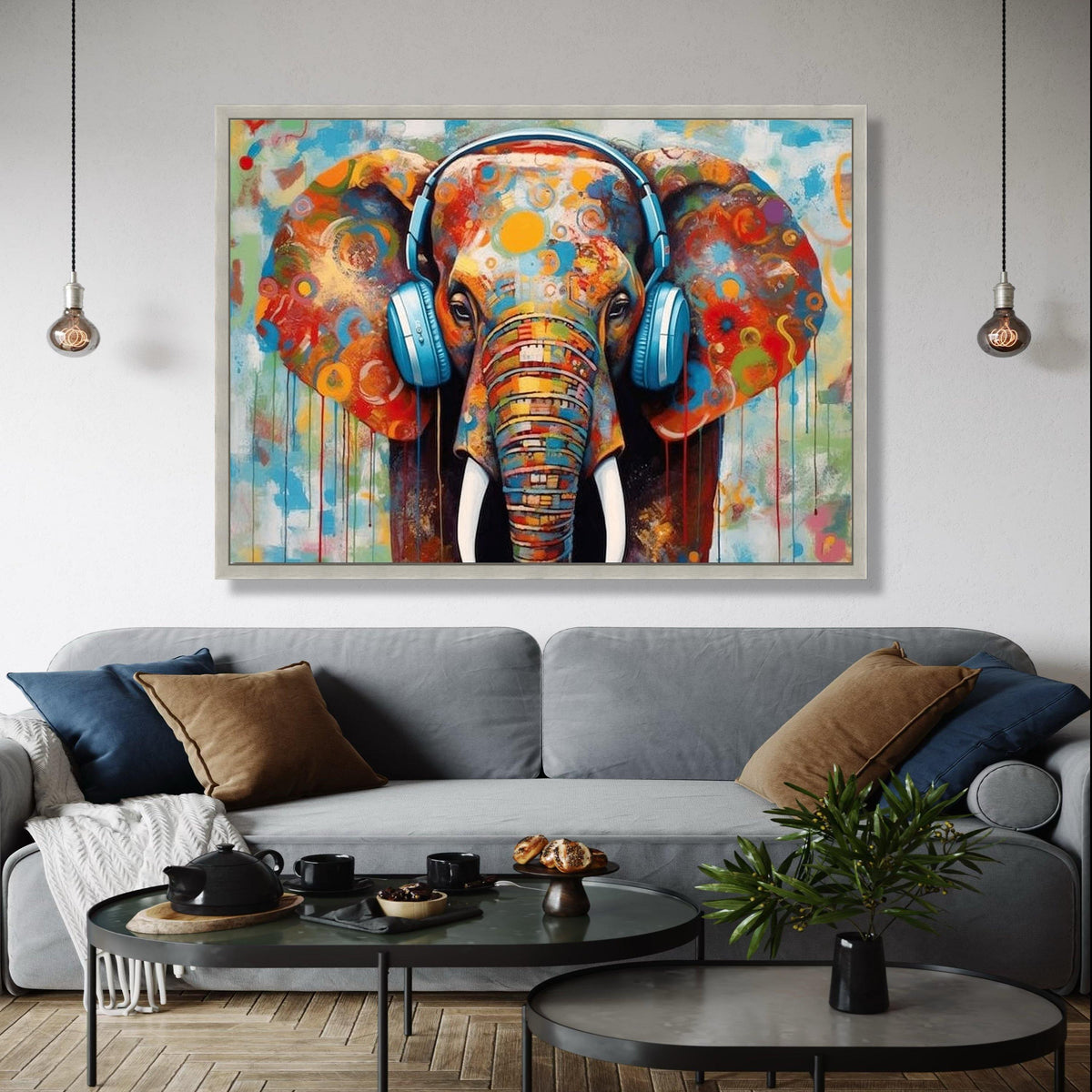 Colorful Elephant with Headphones Canvas, Modern Abstract Animal Art, Vibrant Wildlife Wall Decor, Contemporary Gift Art, Home Decor, Print