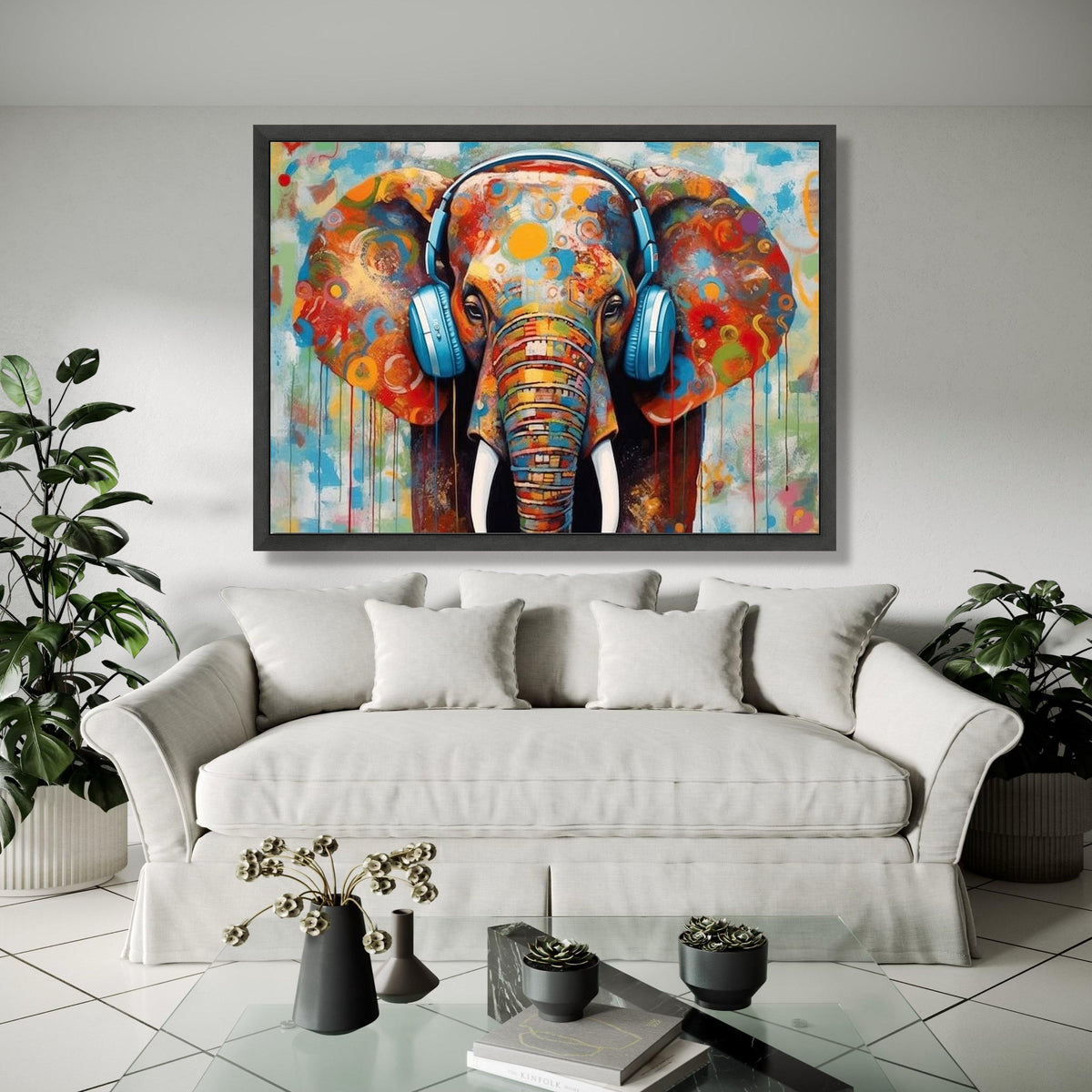 Colorful Elephant with Headphones Canvas, Modern Abstract Animal Art, Vibrant Wildlife Wall Decor, Contemporary Gift Art, Home Decor, Print