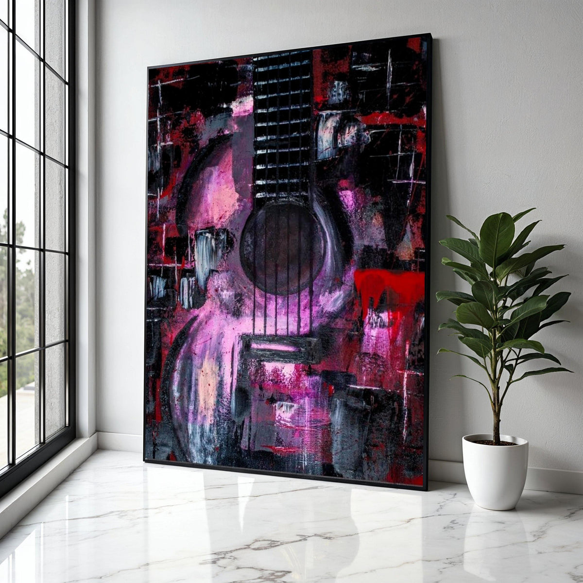 Abstract Guitar Canvas Wall Art, Musical Instrument Painting, Modern Music Decor, Purple and Red Art, Rock and Gift Art, Home Decor, Print