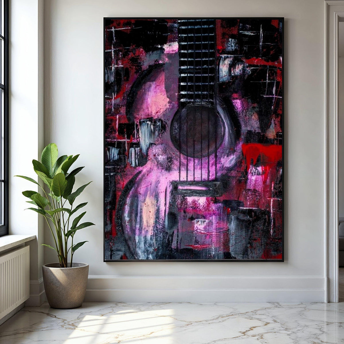 Abstract Guitar Canvas Wall Art, Musical Instrument Painting, Modern Music Decor, Purple and Red Art, Rock and Gift Art, Home Decor, Print