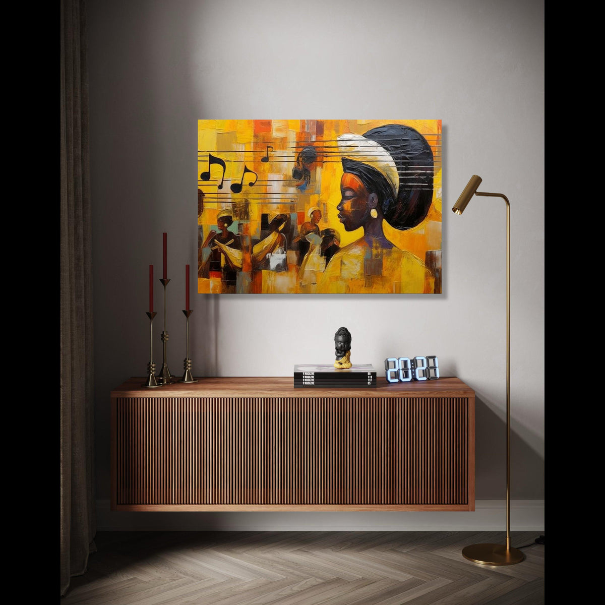 Vibrant African Woman Portrait Canvas, Musical Notes Wall Art, Contemporary Abstract Canvas, Ethnic Home Gift Art, Home Decor, Print