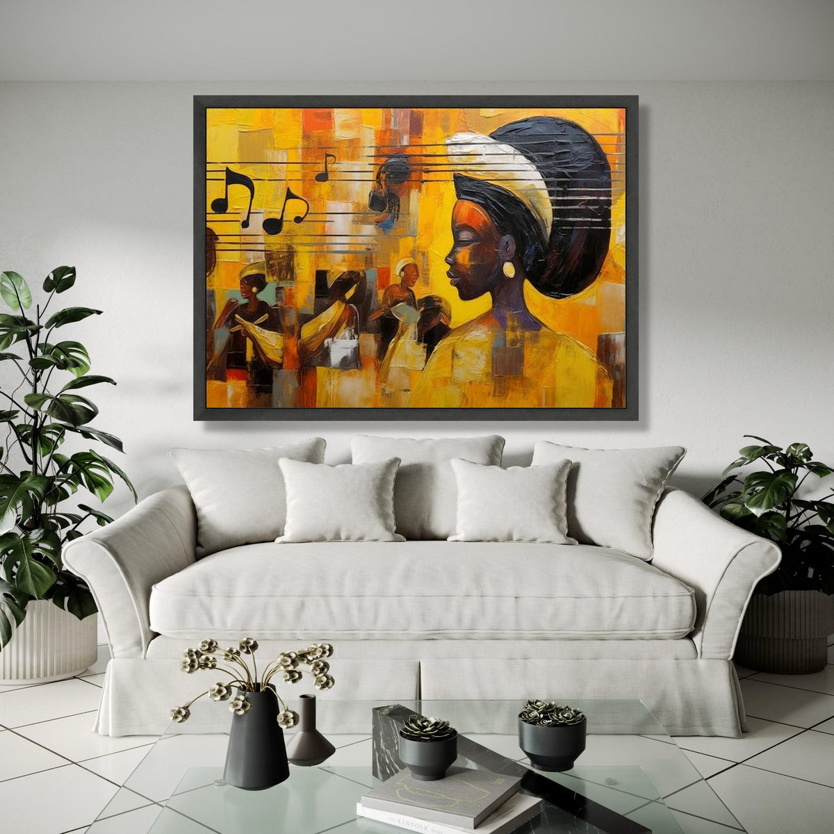 Vibrant African Woman Portrait Canvas, Musical Notes Wall Art, Contemporary Abstract Canvas, Ethnic Home Gift Art, Home Decor, Print