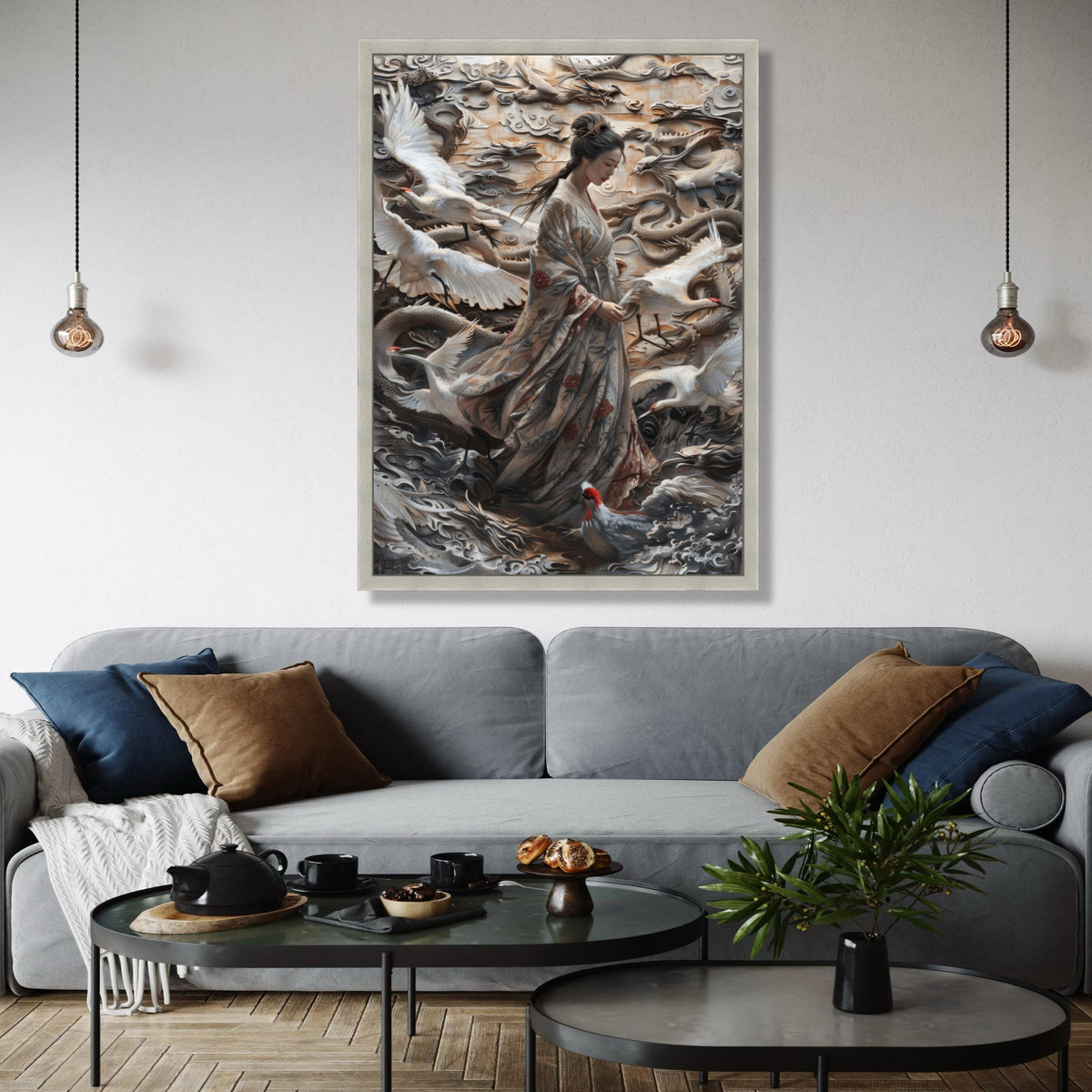 Elegant Geisha with Cranes and Dragon Relief Canvas, Japanese Kimono Wall Art, Asian Mythology Decor, Gift Art, Home Decor, Print