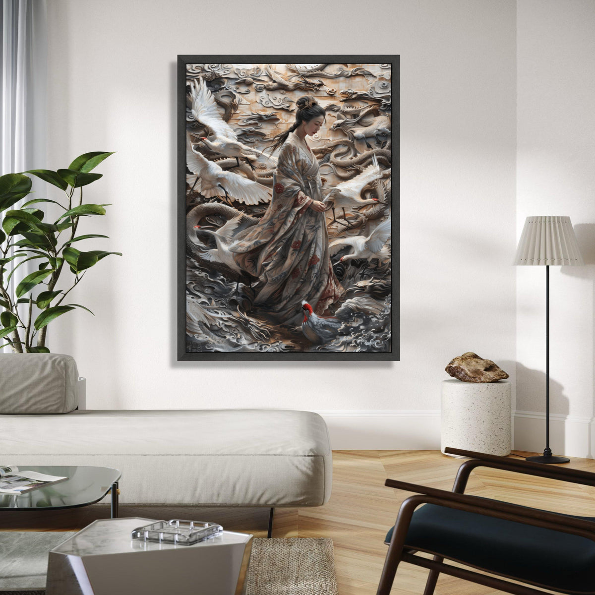 Elegant Geisha with Cranes and Dragon Relief Canvas, Japanese Kimono Wall Art, Asian Mythology Decor, Gift Art, Home Decor, Print