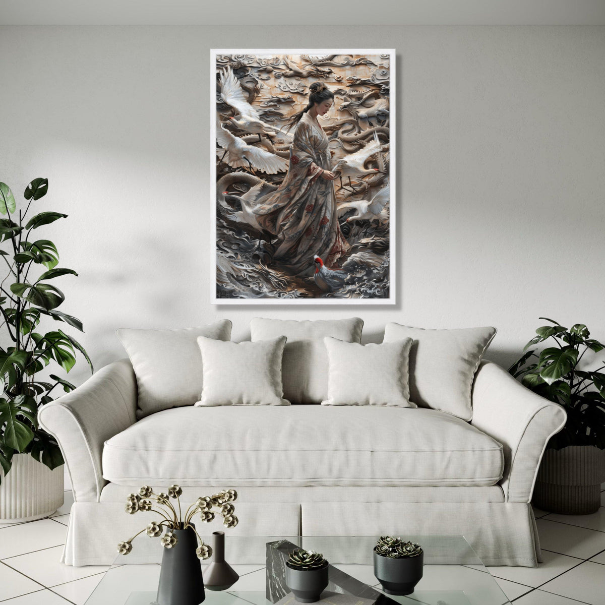 Elegant Geisha with Cranes and Dragon Relief Canvas, Japanese Kimono Wall Art, Asian Mythology Decor, Gift Art, Home Decor, Print