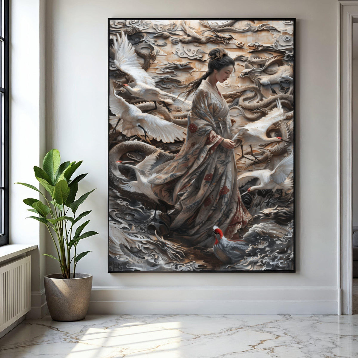 Elegant Geisha with Cranes and Dragon Relief Canvas, Japanese Kimono Wall Art, Asian Mythology Decor, Gift Art, Home Decor, Print