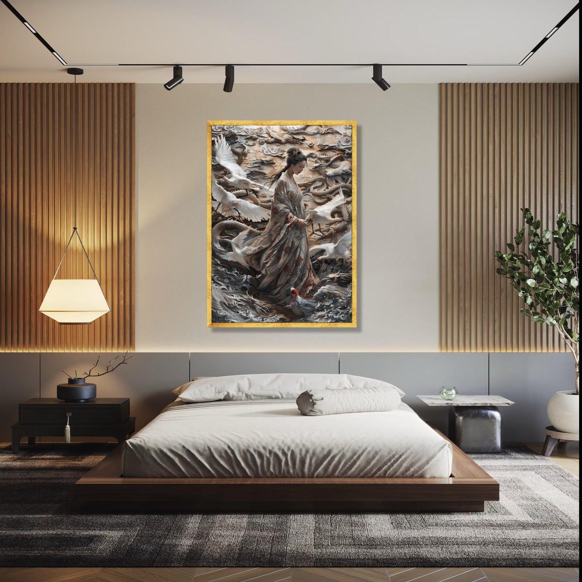 Elegant Geisha with Cranes and Dragon Relief Canvas, Japanese Kimono Wall Art, Asian Mythology Decor, Gift Art, Home Decor, Print
