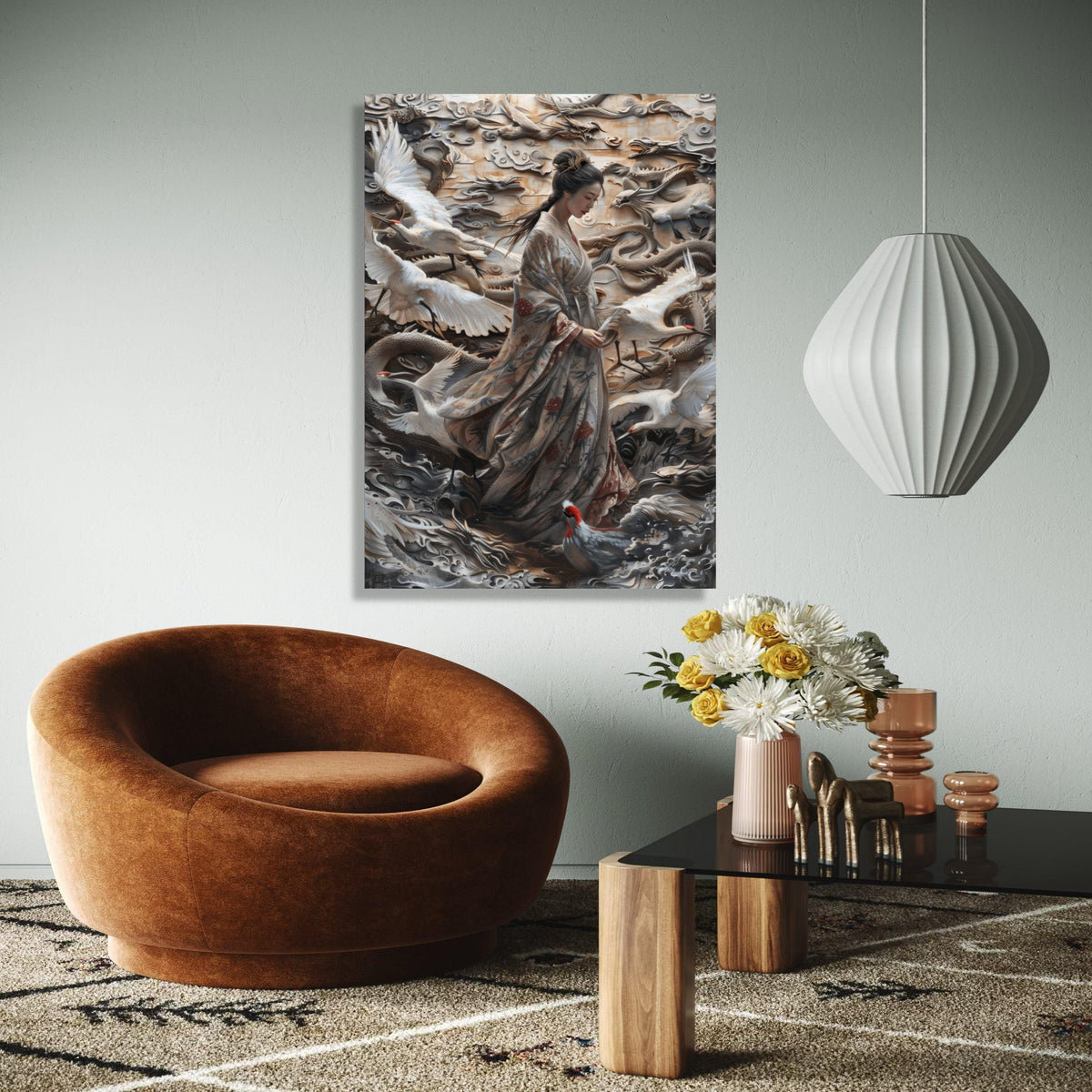 Elegant Geisha with Cranes and Dragon Relief Canvas, Japanese Kimono Wall Art, Asian Mythology Decor, Gift Art, Home Decor, Print