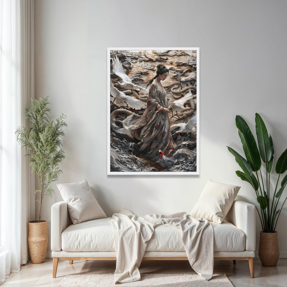 Elegant Geisha with Cranes and Dragon Relief Canvas, Japanese Kimono Wall Art, Asian Mythology Decor, Gift Art, Home Decor, Print
