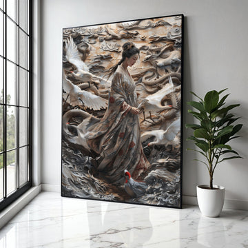 Elegant Geisha with Cranes and Dragon Relief Canvas, Japanese Kimono Wall Art, Asian Mythology Decor, Gift Art, Home Decor, Print