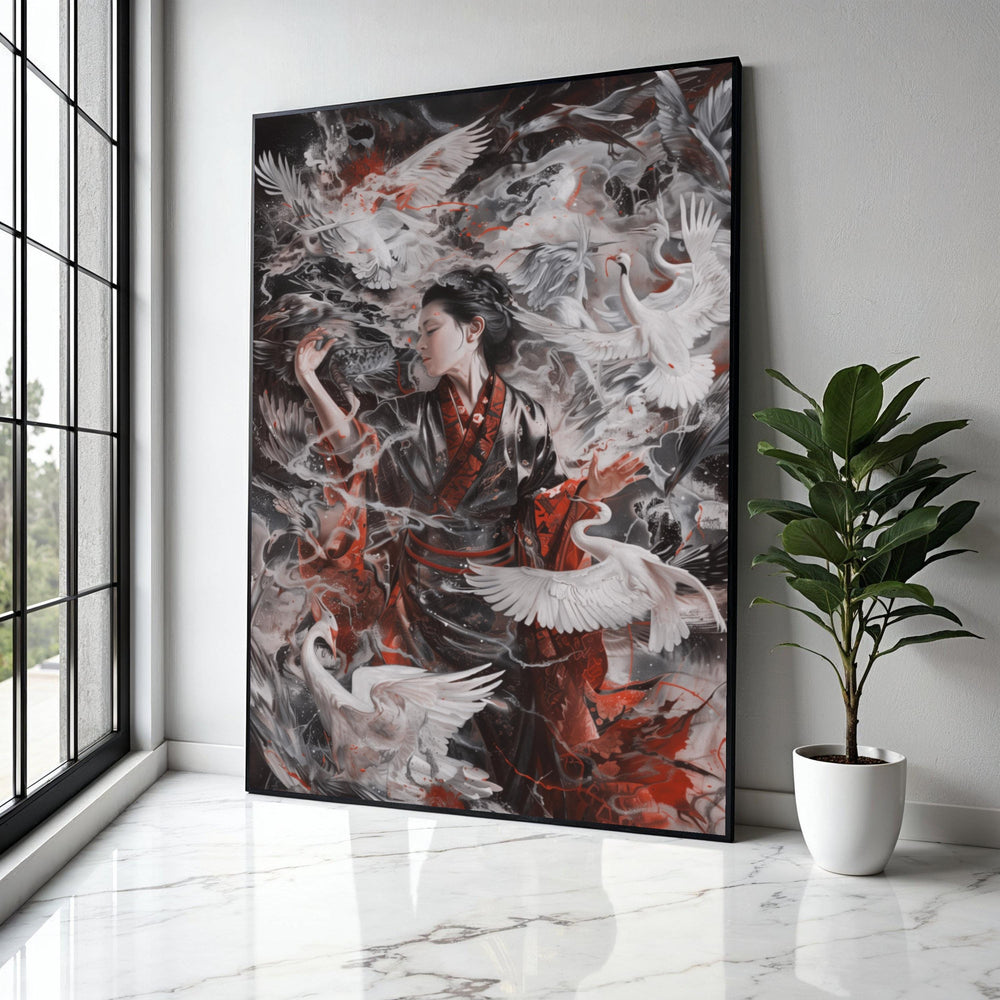 Elegant Geisha with Cranes, Asian Inspired Canvas Wall Art, Japanese Kimono Painting, Mystical Bird Scene, Gift Art, Home Decor, Print