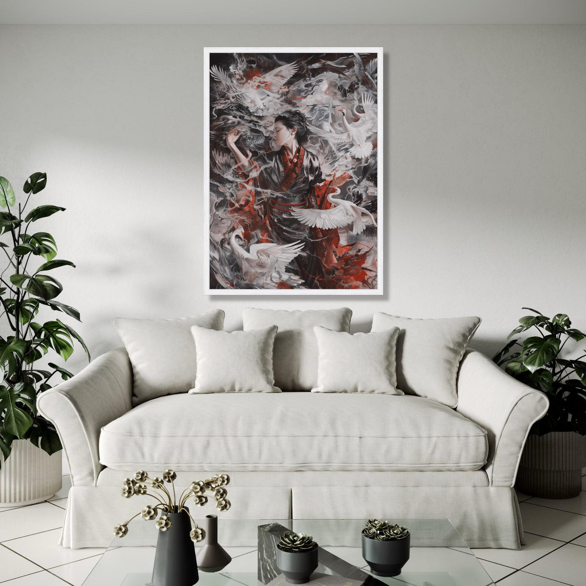 Elegant Geisha with Cranes, Asian Inspired Canvas Wall Art, Japanese Kimono Painting, Mystical Bird Scene, Gift Art, Home Decor, Print