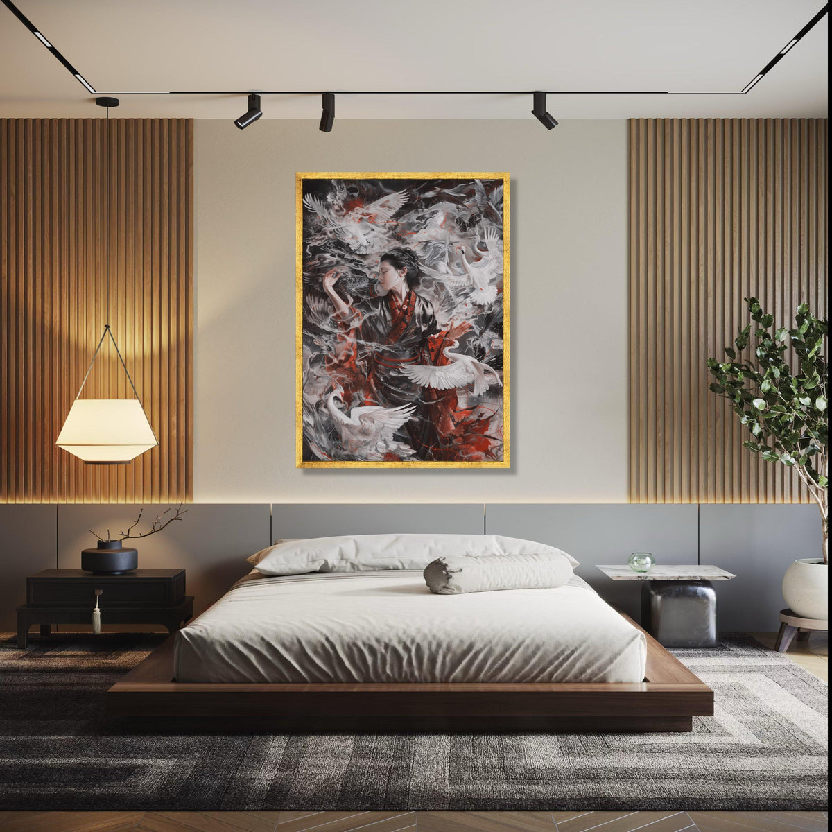 Elegant Geisha with Cranes, Asian Inspired Canvas Wall Art, Japanese Kimono Painting, Mystical Bird Scene, Gift Art, Home Decor, Print